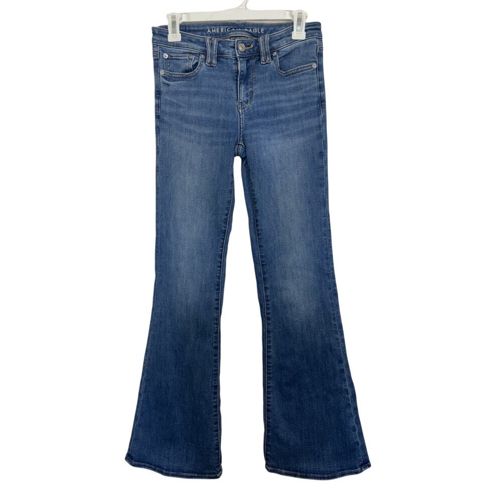 American Eagle Low Rise Flare Jeans 4 Long 31” Flap Pockets Next Level Stretch